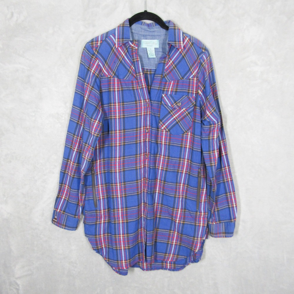 Tasha Polizzi Shirt Women Small Blue Plaid Western Zip Pockets Tunic Length